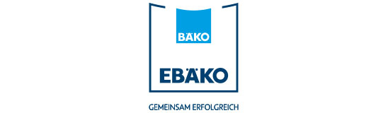 Logo von EBÄKO – blauer Schriftzug in blauem Kasten mit BÄKO-Schriftzug in Cyan oben im konkaven Kasten