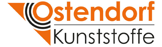 Logo von Ostendorf Kunststoffe – orange-schwarzer Schriftzug mit grafischen Symbolen als Logo